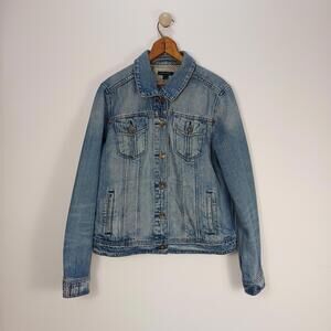 Tommy Hilfiger Utility Jean Jacket Womens Large Blue Denim American Flag In Logo